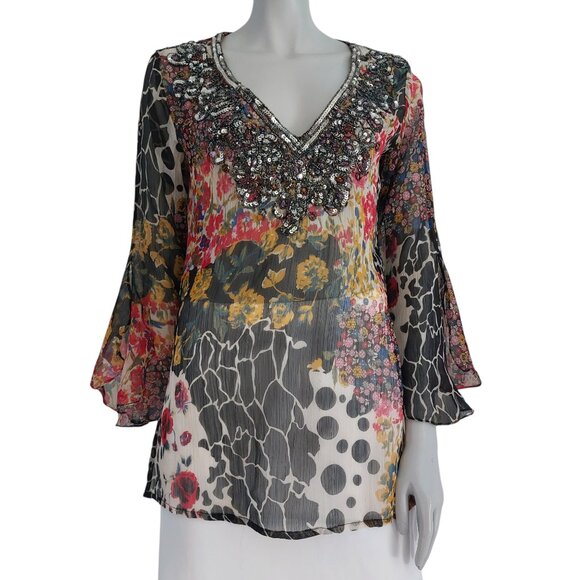 Vintage Y2K Top Medium Sheer Flowy Romeo Juliet Couture Multi Print Silky Sequin - Picture 13 of 16